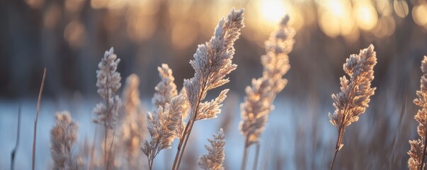 Frozen winter grasses at sunrise