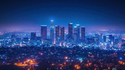 Obraz premium Night view of downtown Los Angeles skyline illuminated by city lights and starry sky