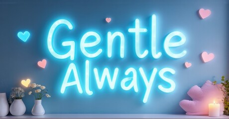 Bright neon sign displays Gentle Always. Hearts, plants, candles decorate cozy blue room. Soft pillows add warmth.