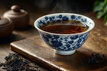 Steaming cup of dark tea