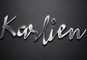 Chrome metal 3D name design of Karlien on grey background.