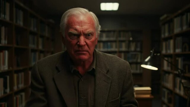 Angry Elderly Man Yelling in Library With Bookshelves in Background, Causal Grey Hair, Gray Suit, Intense Expression, Pointing Finger, Emotional Outburst