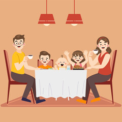Flat vector of a happy family dining together with kids. Perfect for parenting, mealtime, family bonding, lifestyle, home life, and joyful family illustrations in modern vector style.