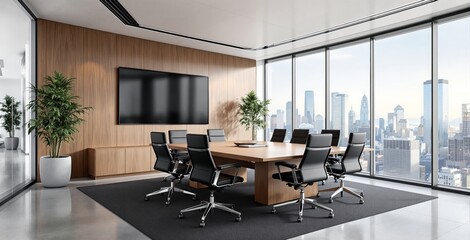 Fototapeta premium Stylish meeting room with wood-paneled walls, large screen, modern furniture in sleek space, floor-to-ceiling windows, concept of corporate architecture. Ai generative