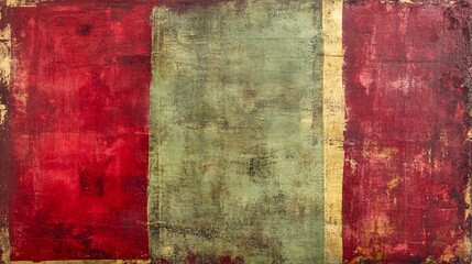 Grunge texture background in deep crimson paired with olive green featuring layered rustic finishes