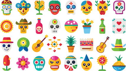 Obraz premium Cinco de Mayo and Day of the Dead Flat Color Icon Set Featuring Mexican Cultural Symbols
