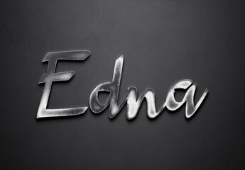 Chrome metal 3D name design of Edna on grey background.