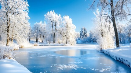 Frozen lake with winter wonderland.