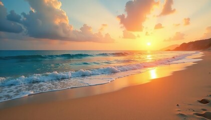 Serene coastal scene, tranquil beach at sunrise Golden sand, calm ocean waves , nature, ripple, light