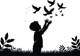 Silhouette of a child reaching for flying birds in a peaceful nature scene