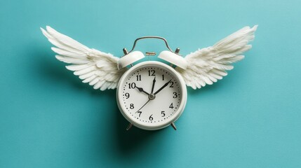 An alarm clock with angel wings, flying gracefully against a pastel background. This creative representation symbolizes the concept of time flies, time management, and free time