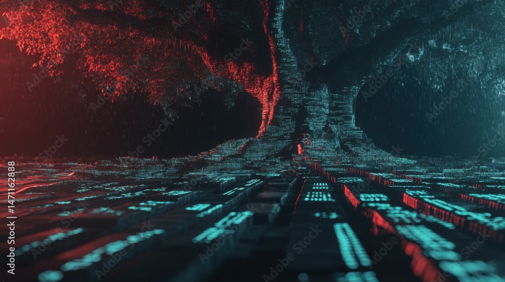 Poster digital data trees growing on virtual financial graph background