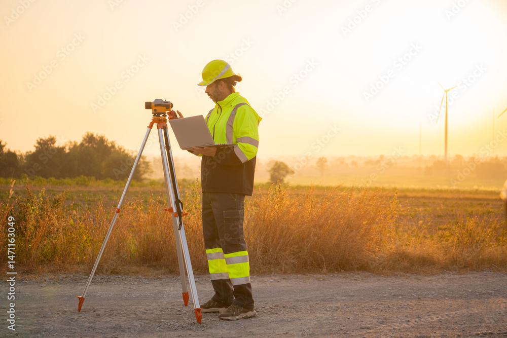 Aufkleber Engineer man working with tablet at windmill farm Generating electricity clean energy. Wind turbine farm generator by alternative green energy.