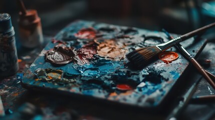 Naklejka premium Colorful art palette with various brushes arranged artistically during morning light in a creative studio