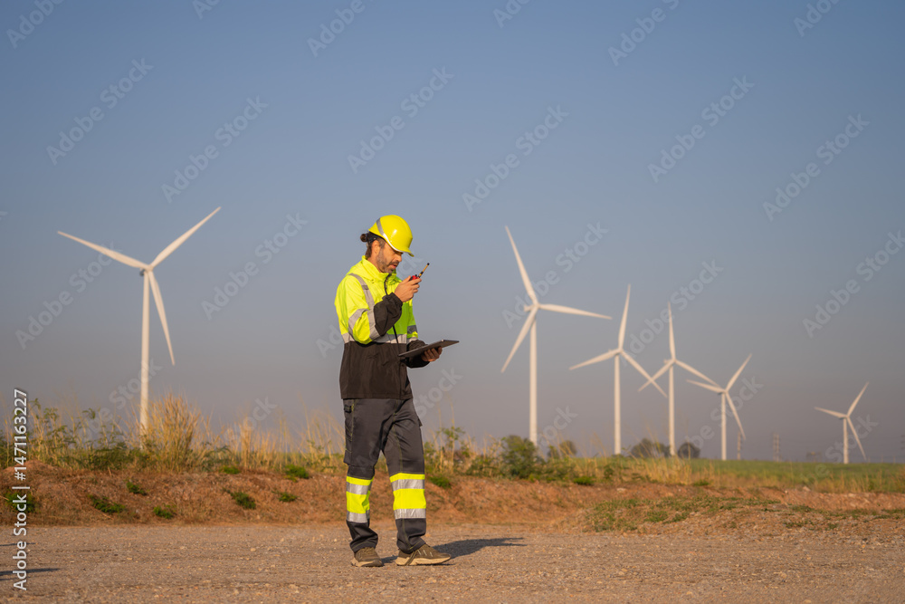 Aufkleber engineer man working with tablet at windmill farm generating electricity clean energy. wind turbine 