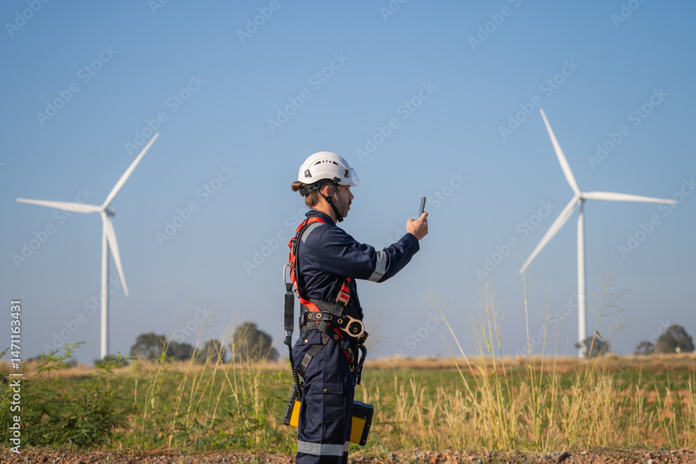 Poster engineer man working with tablet at windmill farm generating electricity clean energy. wind turbine 
