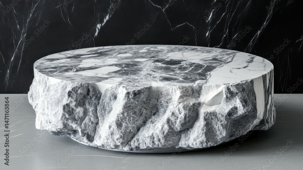 Poster creative pedestal with rock mountain on grey background with mock up place. 3d rendering