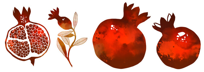 Watercolor pomegranate set with hand painted fruits and botanical elements. Includes whole fruit, cut half, seeds and branch. Ideal for postcards, invitations, prints, decoupage, kitchen art.