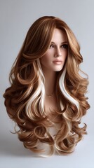 Fototapeta premium Wavy hairstyle with blonde highlights and caramel balayage fashionable womens wig studio soft waves voluminous look