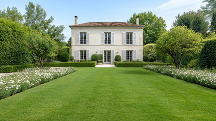 Luxurious real estate property featuring beautiful garden, manicured lawn, and elegant