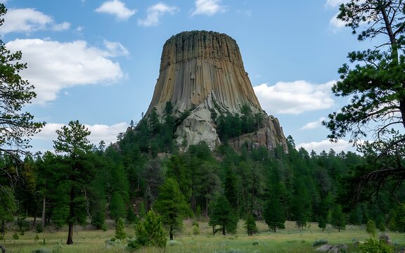 Devils Tower Wyoming Scenic Landscape With Blue Sky And Clouds Surrounded By Green Trees And Grassland Peaceful Natural Outdoor Scenery