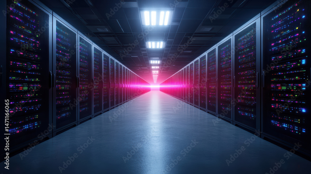Poster high frequency trading room with multiple servers and vibrant lights creating futuristic
