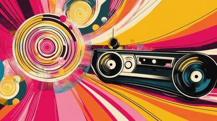 Obraz premium Retro style boombox with concentric circles and radial lines in pink, yellow, and orange hues evokes a vibrant, vintage music vibe. Abstract background with artistic design elements.