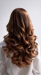 Naklejka premium Wavy hairstyle women's wig with caramel balayage and blonde highlights soft waves natural curls fashion hairpiece