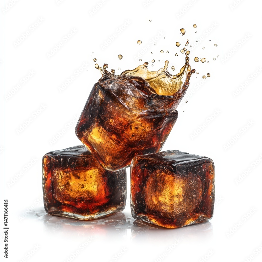 Poster refreshing cola splashing over ice cubes a close up studio shot of a delicious cold drink