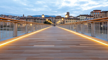 Fototapeta premium Scenic bridge in Florence with glowing lights, surrounded by historic buildings and cloudy sky