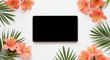 Tablet Surrounded by Peach Flowers and Palm Leaves