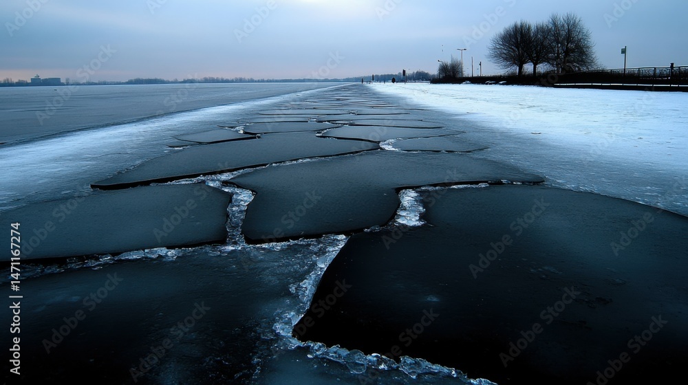 Poster a frozen lake with patterns of cracks and bubbles trapped in the ice
