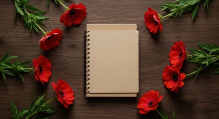 Notebook with Red Flowers on Wooden Table