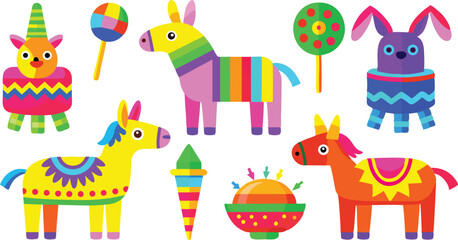 Obraz premium Colorful Pinatas Featuring Llamas And Donkeys For Fiesta Graphic Designs