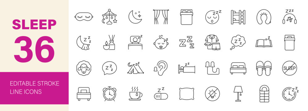 Sleep icon set. Containing bedroom, dream, pillow, sleeping, earplugs, moon, rest, lullaby, night, insomnia, bed, alarm clock and more. Editable line icons. Vector illustration.