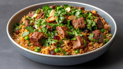 Fototapeta premium Delicious bowl of biryani featuring tender beef, vibrant peas, and fresh herbs, garnished with