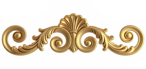 A detailed ornamental architectural molding in metallic gold against a pure white background.