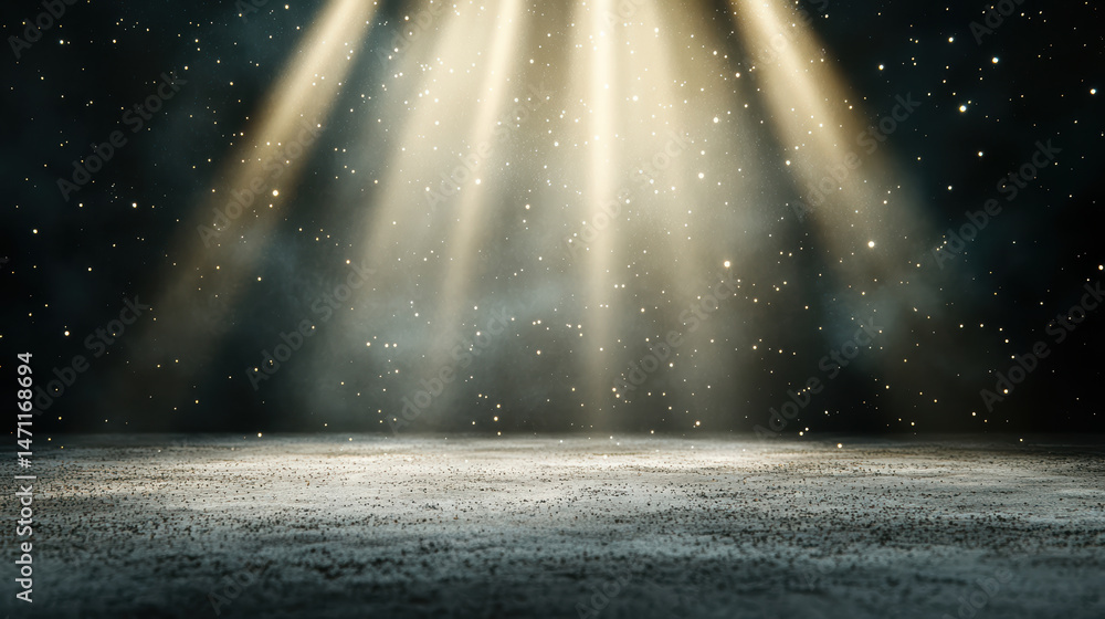 Aufkleber serene scene with beams of light illuminating dark space filled with floating particles
