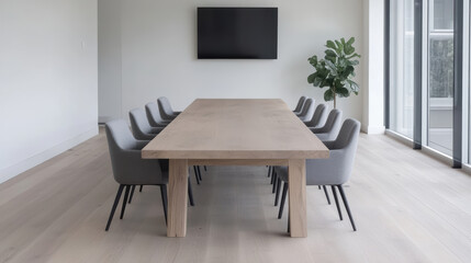 Modern corporate boardroom with large wooden table and stylish chairs, perfect for meetings
