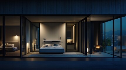 Modern bedroom with exterior view at night.