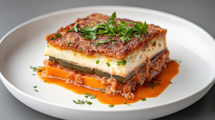 Delicious layered dish featuring zucchini, creamy sauce, and savory meat base, garnished with