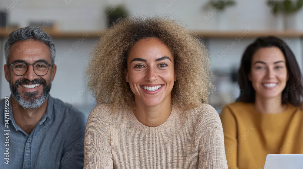 Poster smiling diverse team members collaborating in modern workspace, showcasing unity and positivity