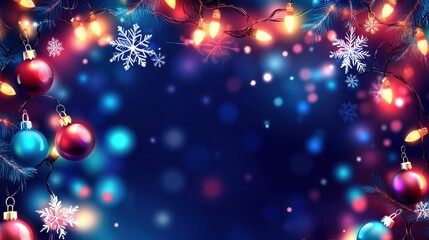 Christmas background with blue and red ornaments hanging on pine branches, snowflakes, and string lights. Festive holiday season backdrop with bokeh effect and copy space.