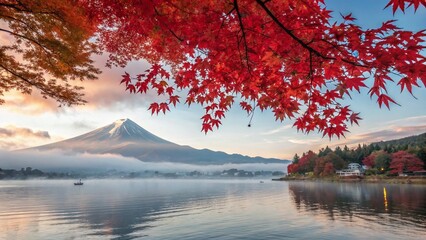 Colorful Autumn Season Landscape with Mount Fuji and Vibrant Foliage