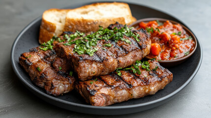 Grilled steak served with fresh herbs, bread, and tomato sauce creates delicious meal