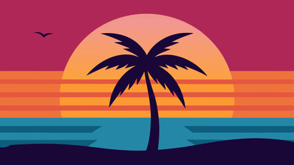 Landscape background with sunset and plam tree