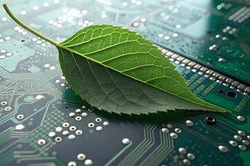 Harmony of Nature and Technology: Green Leaf on Circuit Board Close-Up