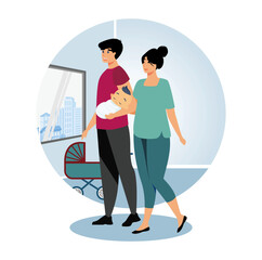 Family maternity paternity leave concept. Happy Family Strolling Together with Baby Near Park Scene.