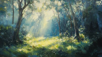 Obraz premium Sunlight streams through a tranquil forest with tall trees, dappled sunlight on the forest floor, and vibrant green foliage.