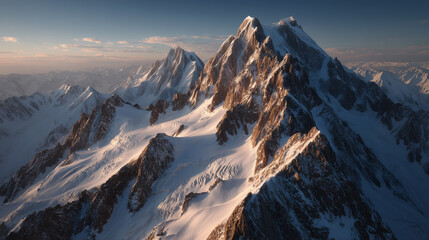 Dramatic aerial landscape of a rugged mountain range at sunrise, with golden light illuminating jagged peaks and deep shadows in snowy crevices.
